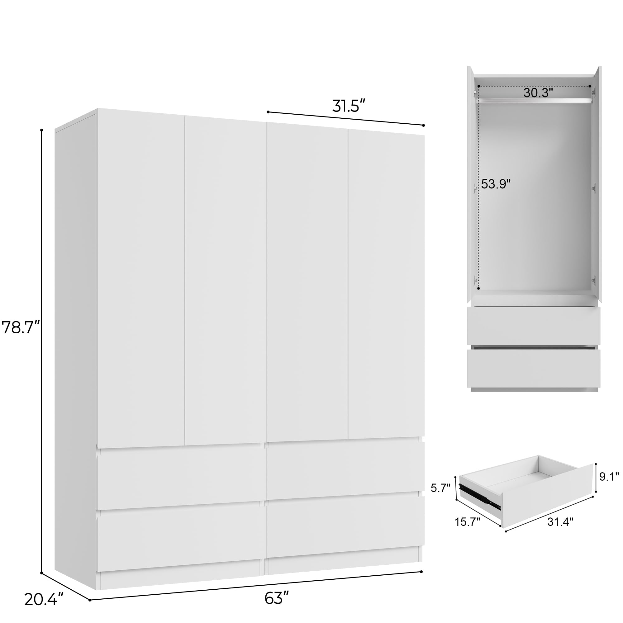 Armoire Wardrobe Closet with 4 Doors and Drawers