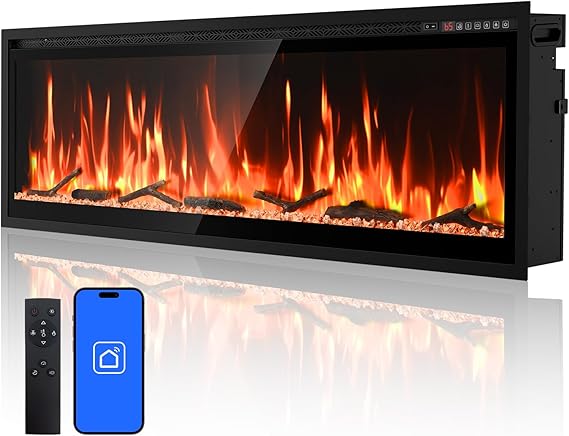 60" Smart Electric Fireplace with Voice Control and Realistic Flame