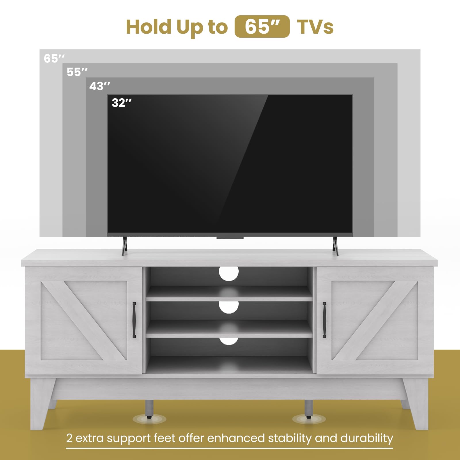 Farmhouse TV Stand for 65 Inch TVs with Barn Door Cabinets