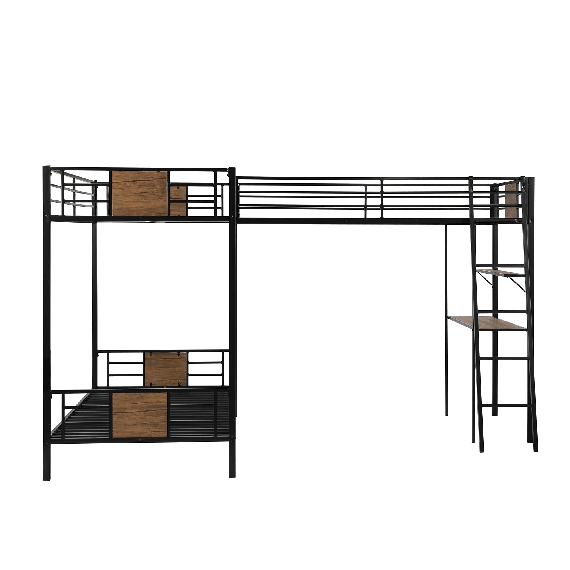 L-Shaped Triple Bunk Bed with Desk and Shelf