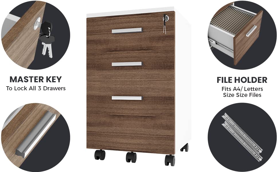 3-Drawer Rolling File Cabinet with Lock