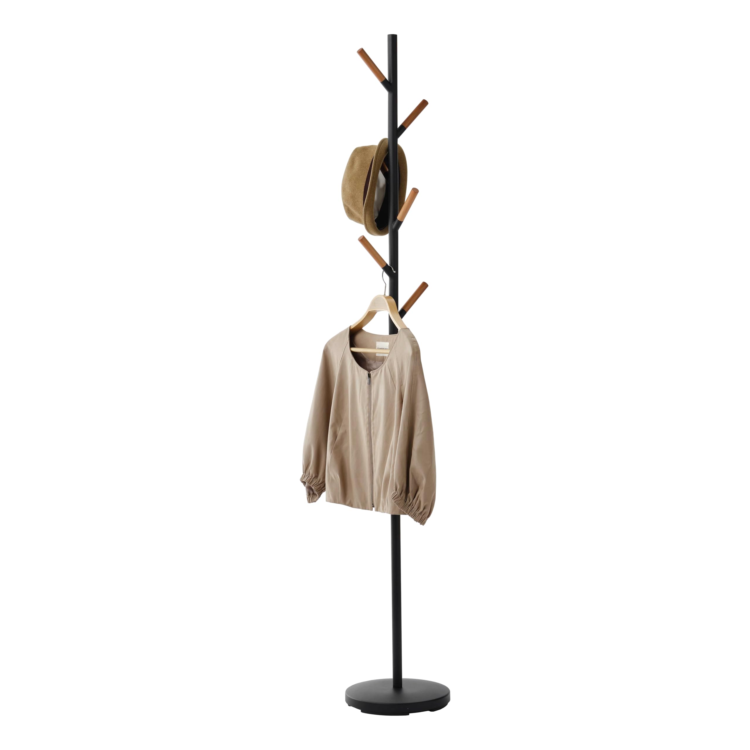 Freestanding Coat Rack with Wooden Hooks and Weighted Base - 70 Inch