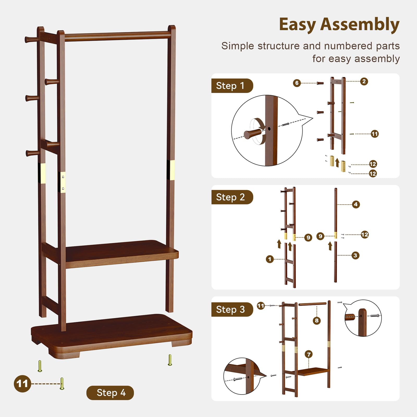 Clothes Rack with 2 Shelves and 4 Hooks