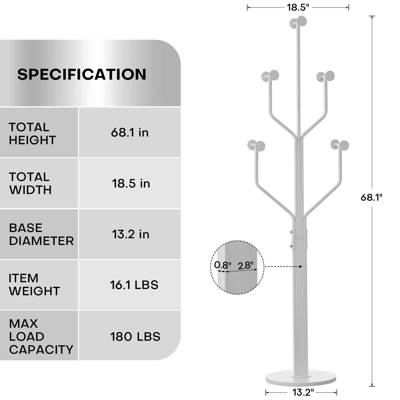 Freestanding Metal Coat Rack with 10 Hooks