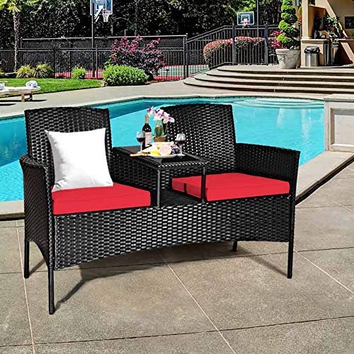 Outdoor Wicker Loveseat with Table and Cushions
