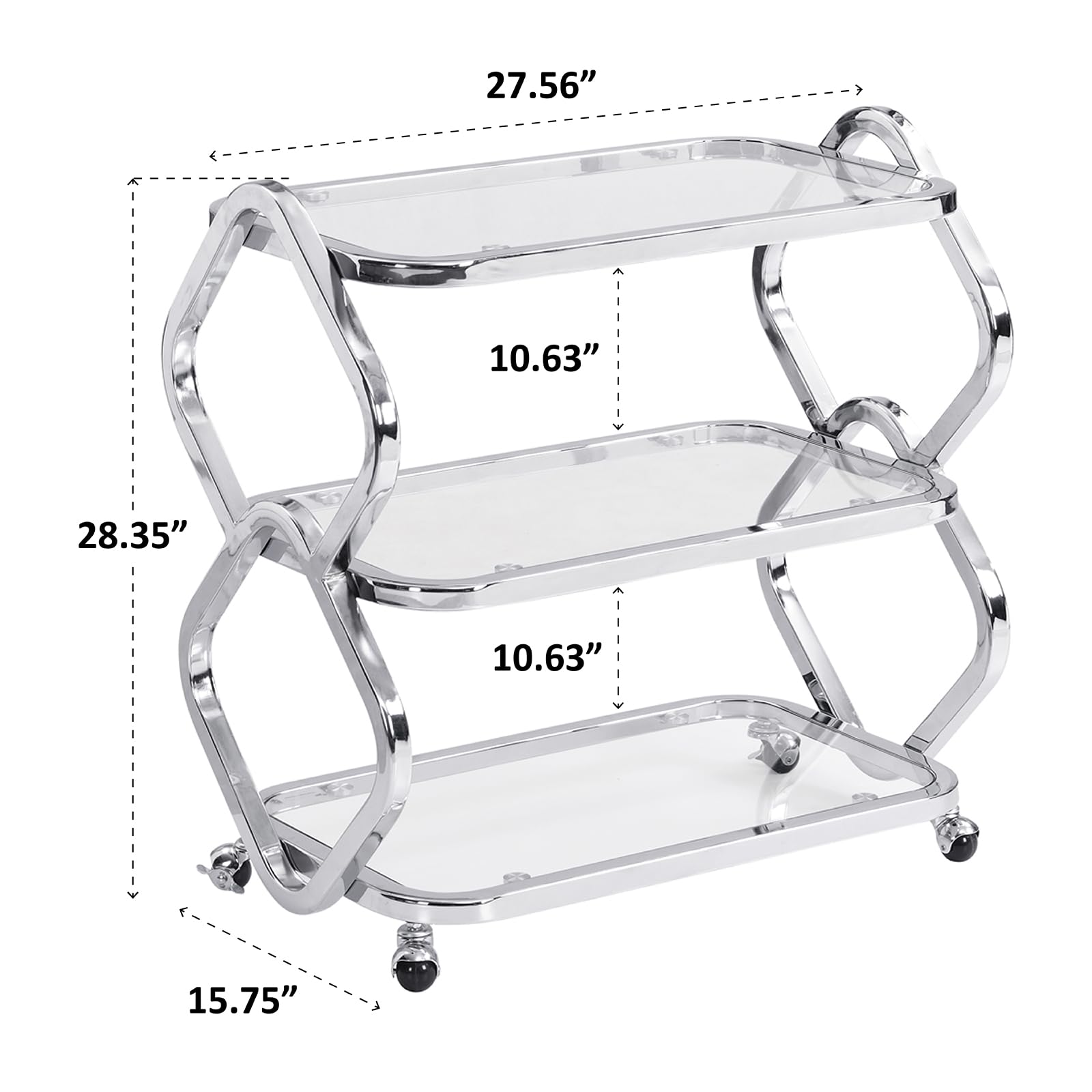 Silver Bar Cart with Wheels and Glass Shelves