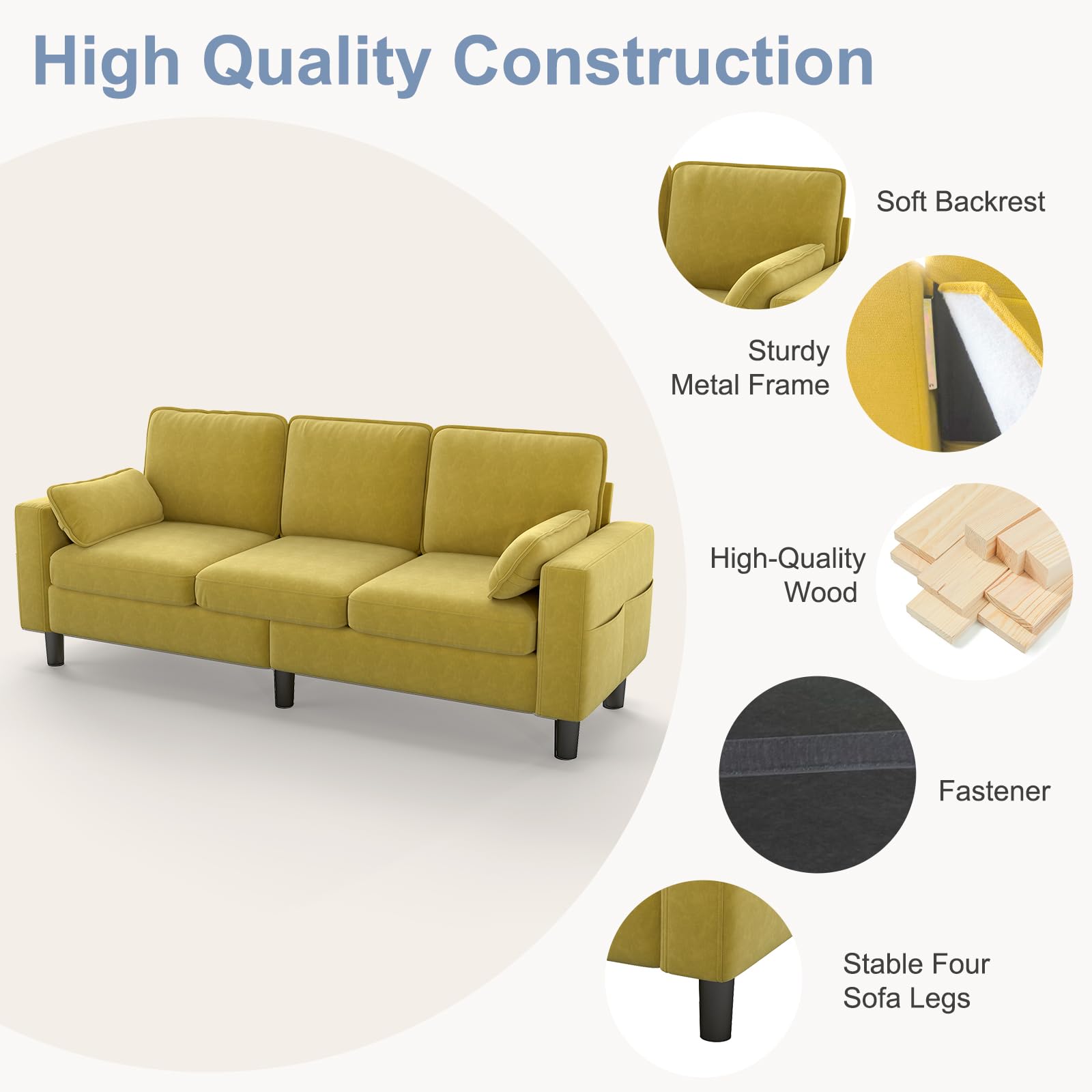 78 Inch 3 Seater Sofa Couch with Deep Seat and Armrest Pillow