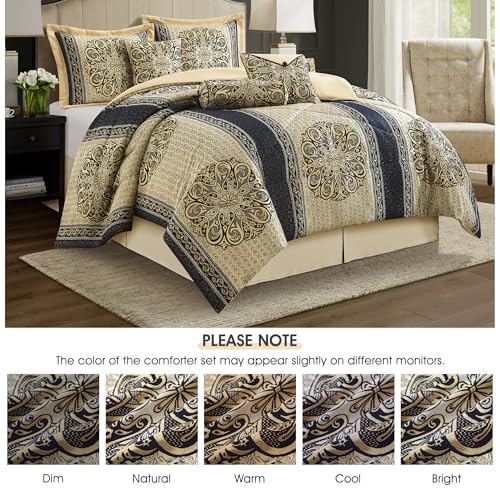 California King Comforter Set Navy Medallion Jacquard 7 Piece