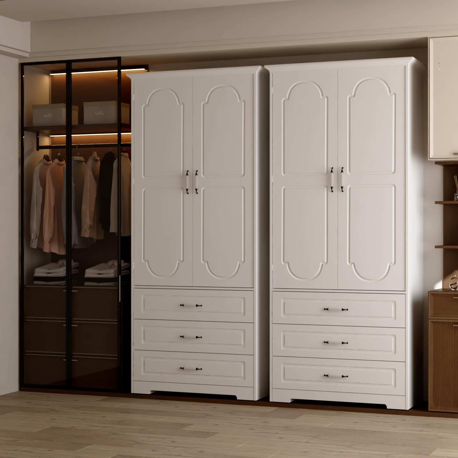 Wooden Armoire Wardrobe Closet with 3 Drawers and LED Light 72 Inch