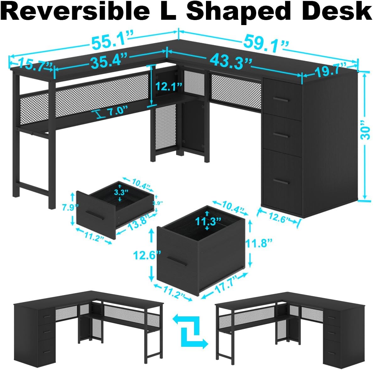 Black L Shaped Desk with Drawers and Storage Shelf