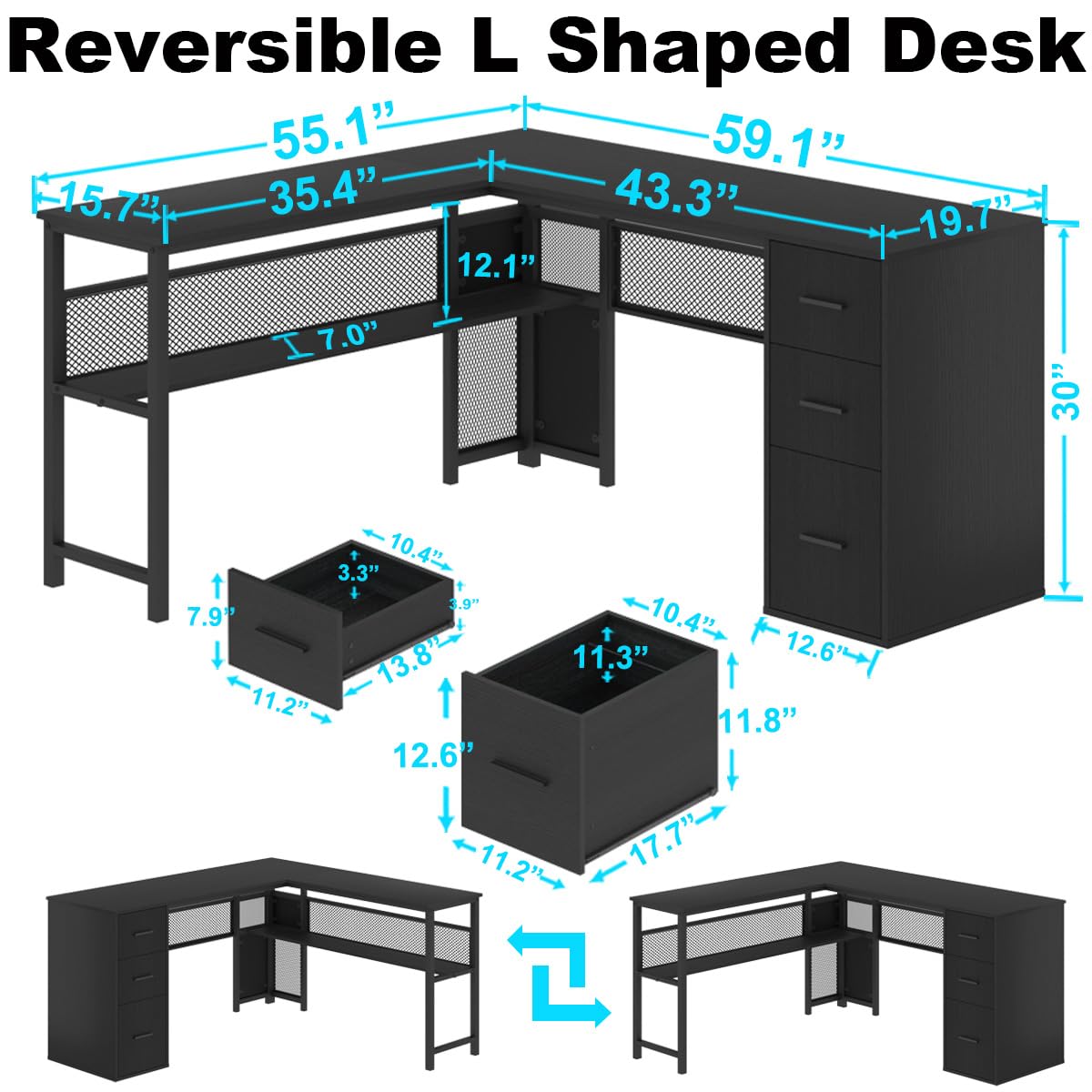 Black L Shaped Desk with Drawers and Storage Shelf