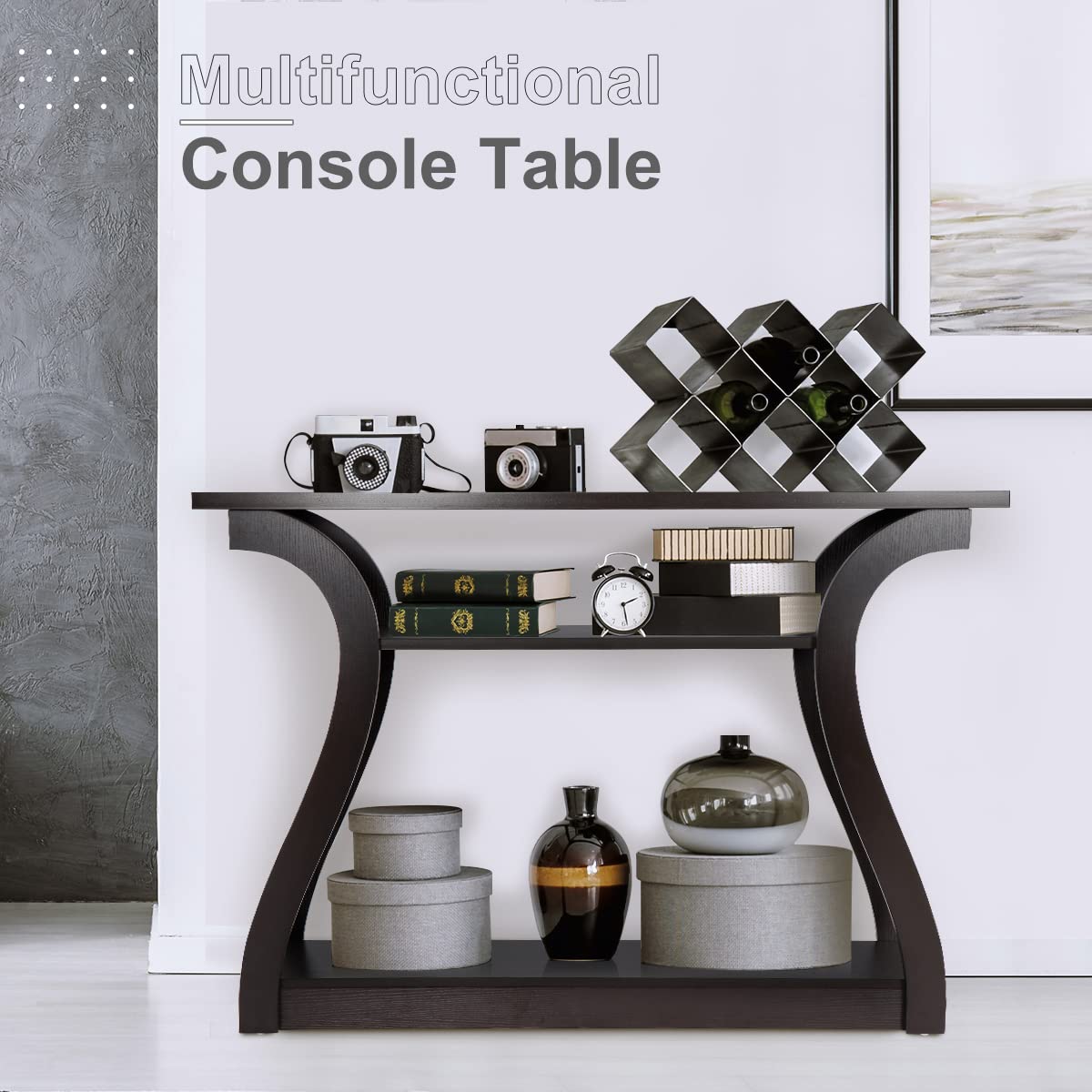 3-Tier Wood Console Table with Curved Legs - 47 Inch Cappuccino