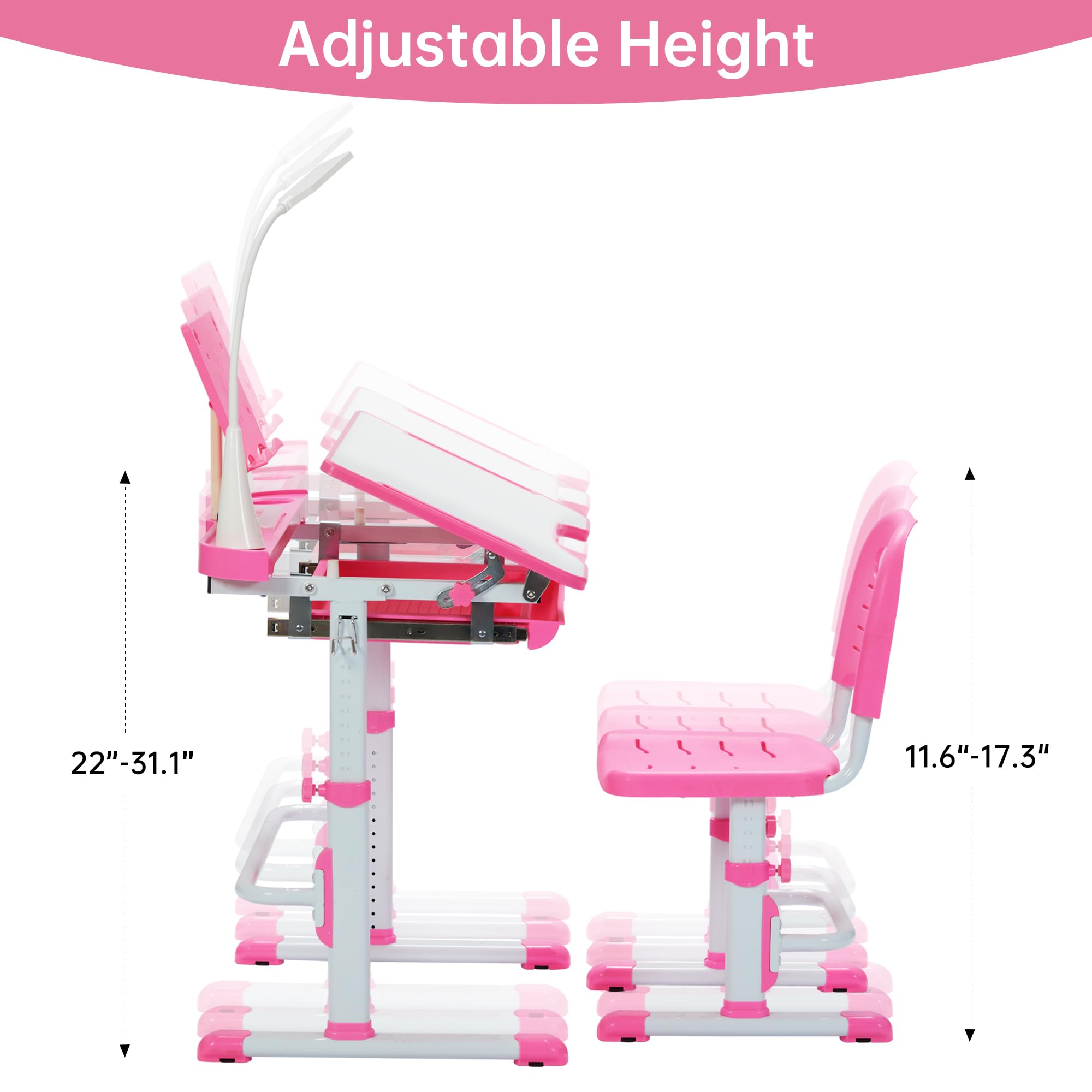 Kids Desk and Chair Set with Tilt Desktop and LED Light