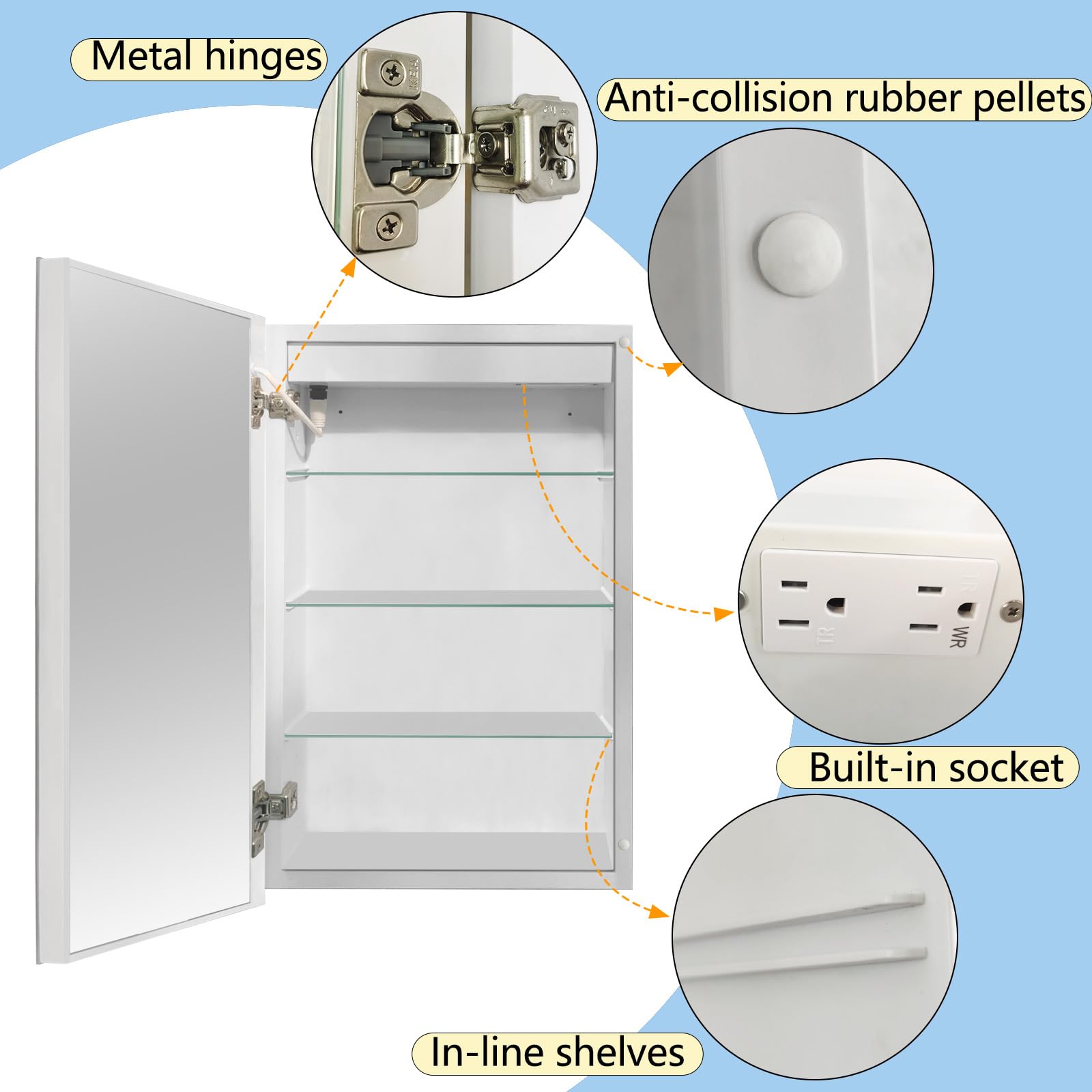 Smart LED Medicine Cabinet with Anti-Fog Mirror 16x26 Inch