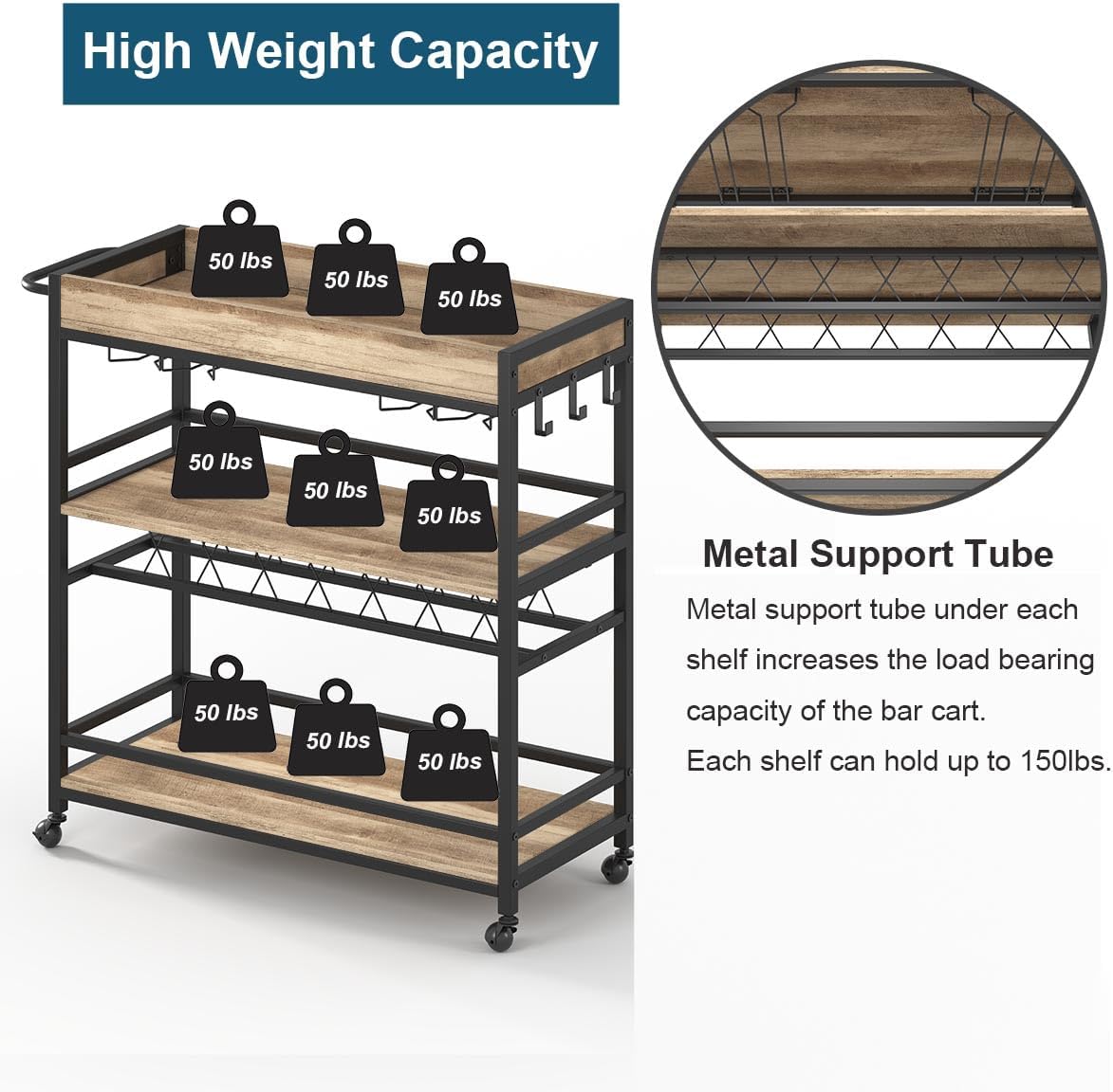 3-Tier Rolling Bar Cart with Storage
