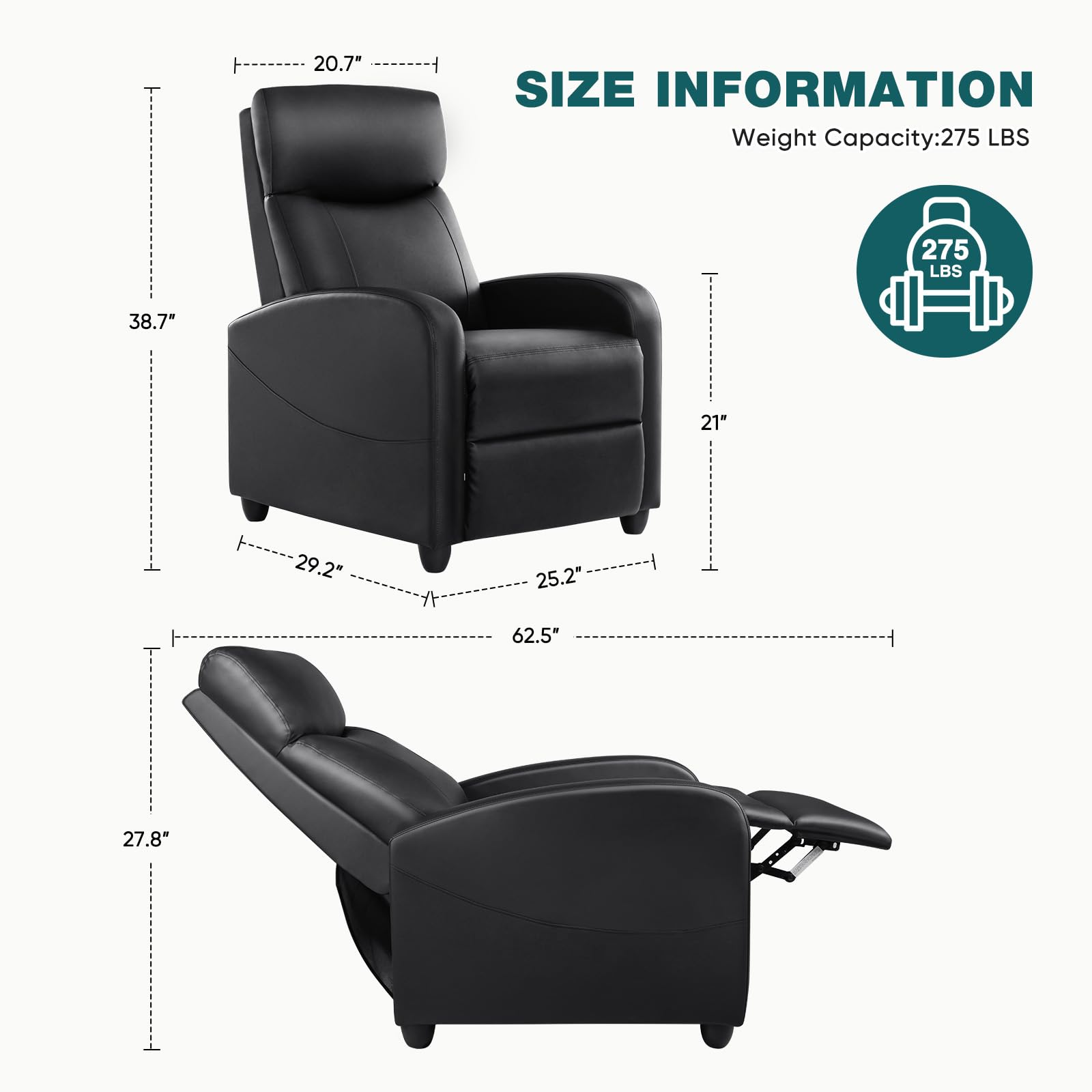 Recliner Chair with Lumbar Support and Adjustable Backrest