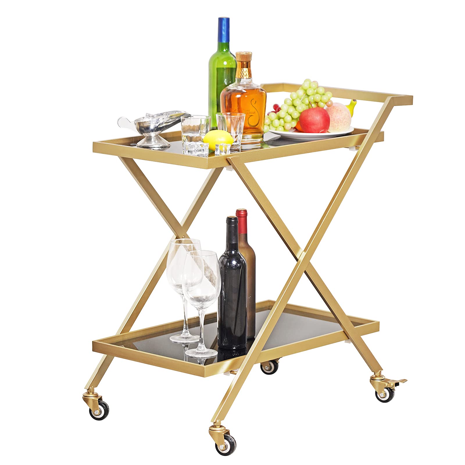 Gold Finish Bar Cart on Wheels with Glass Shelves