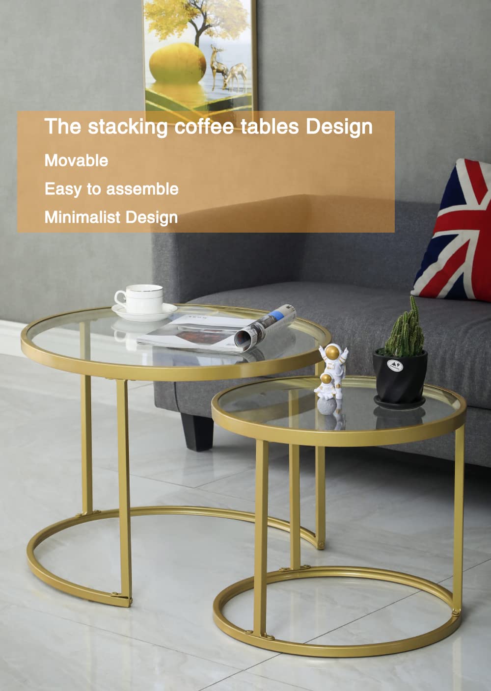 Round Nesting Coffee Table Gold Set of 2 for Living Room, Modern Side Tables with Sturdy Metal Frame and Tempered Glass.Minimalist End Table,Cocktail Table for Dining Room,Home Decor
