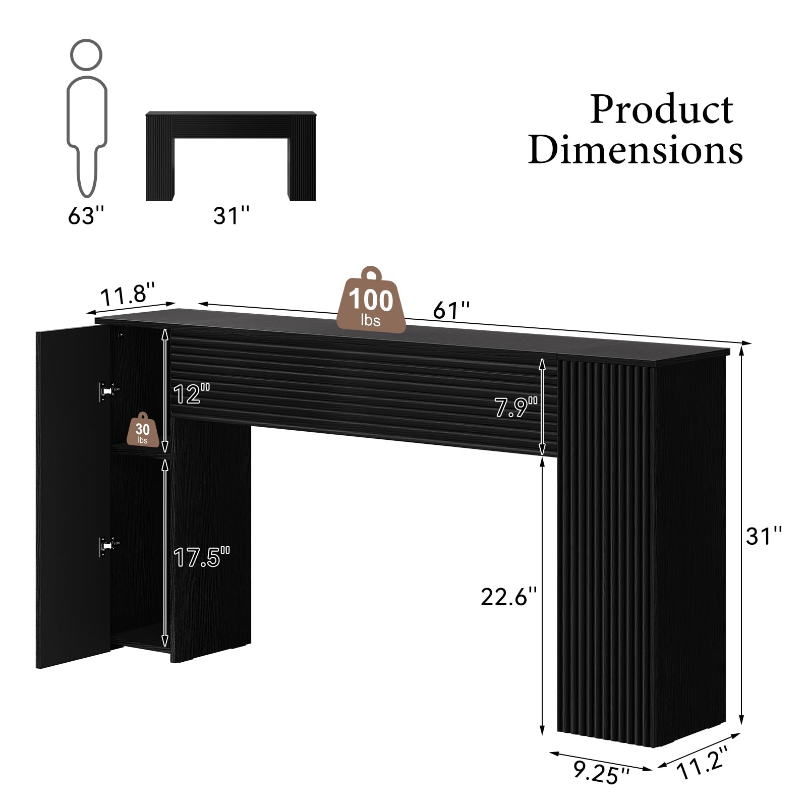 61'' Fluted Console Table with Storage Cabinets