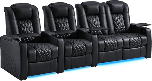 Home Theater Seating Row of 4 - Top Grain Leather Power Recliner