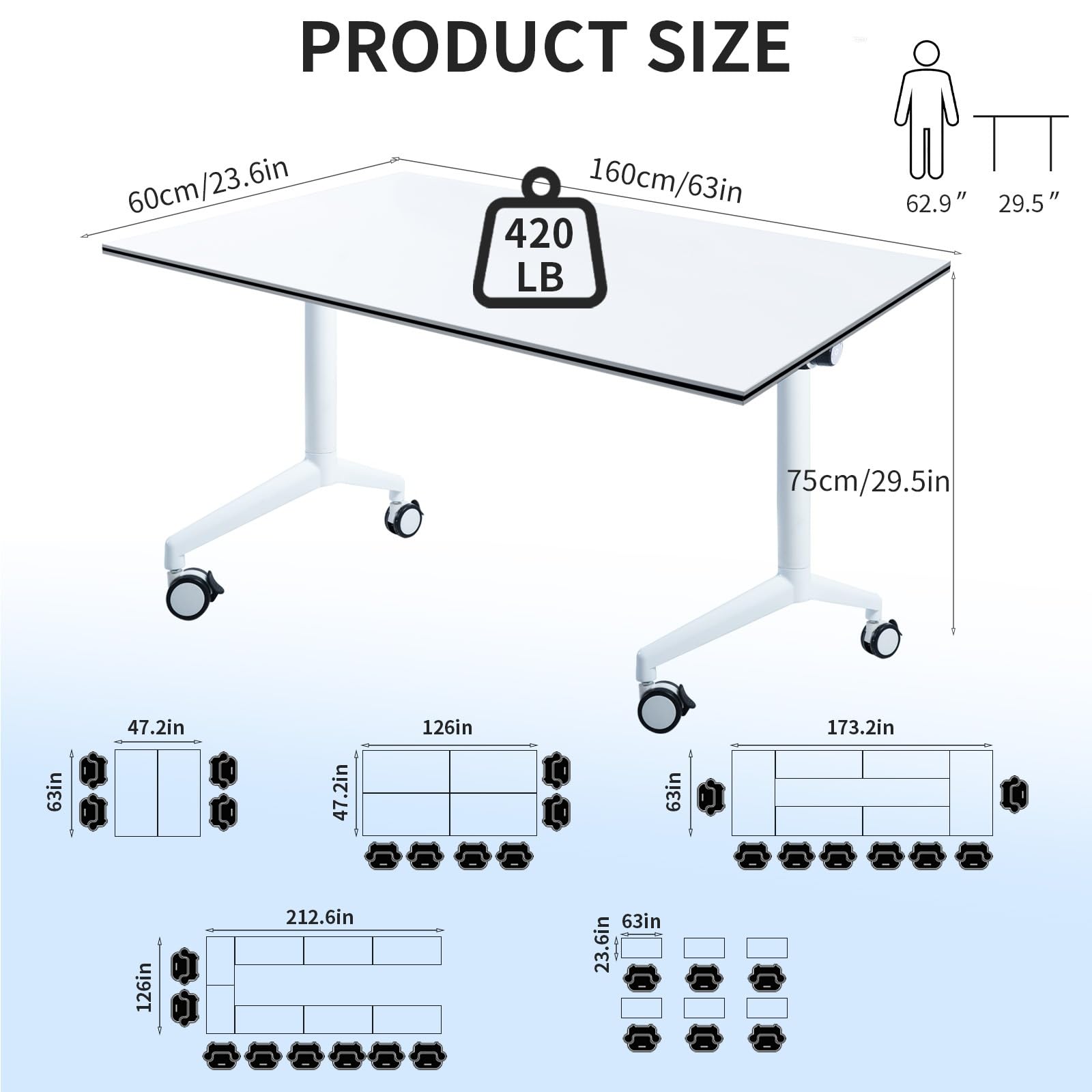 10.5ft Folding Conference Table with Wheels for 8 People