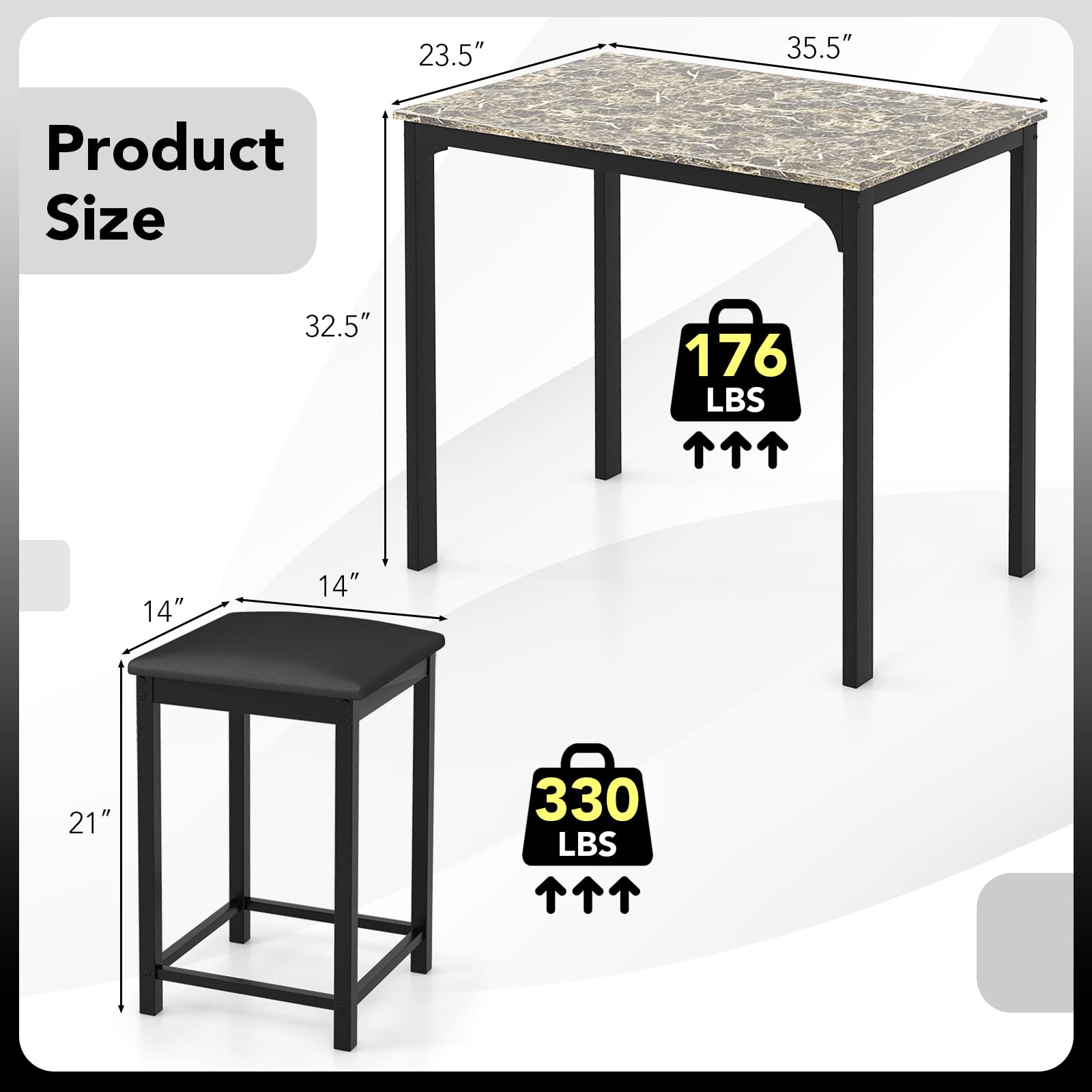 3-Piece Counter Height Bar Table Set with Padded Stools