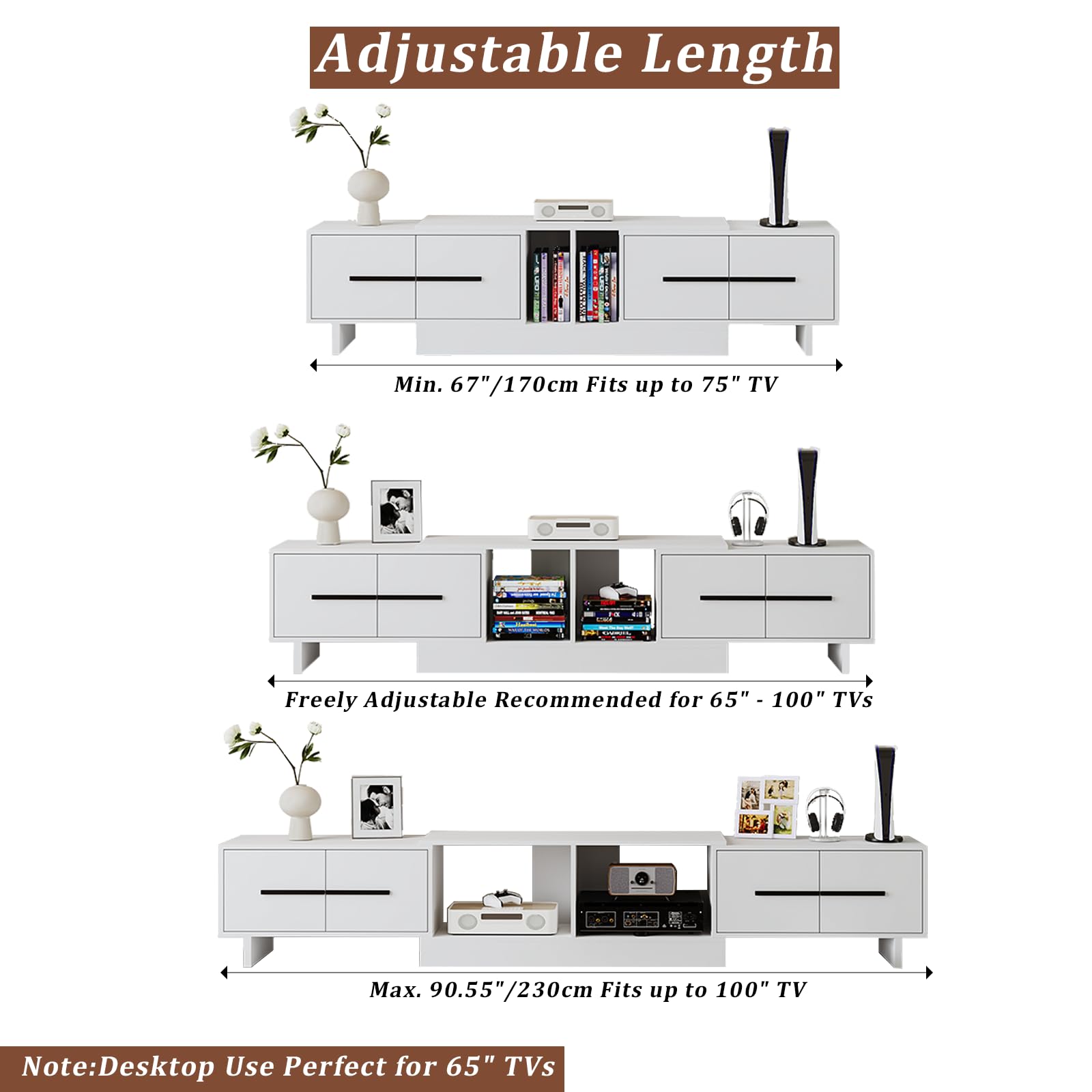 Extendable TV Stand for 67-90 Inch TVs with Storage Cabinets