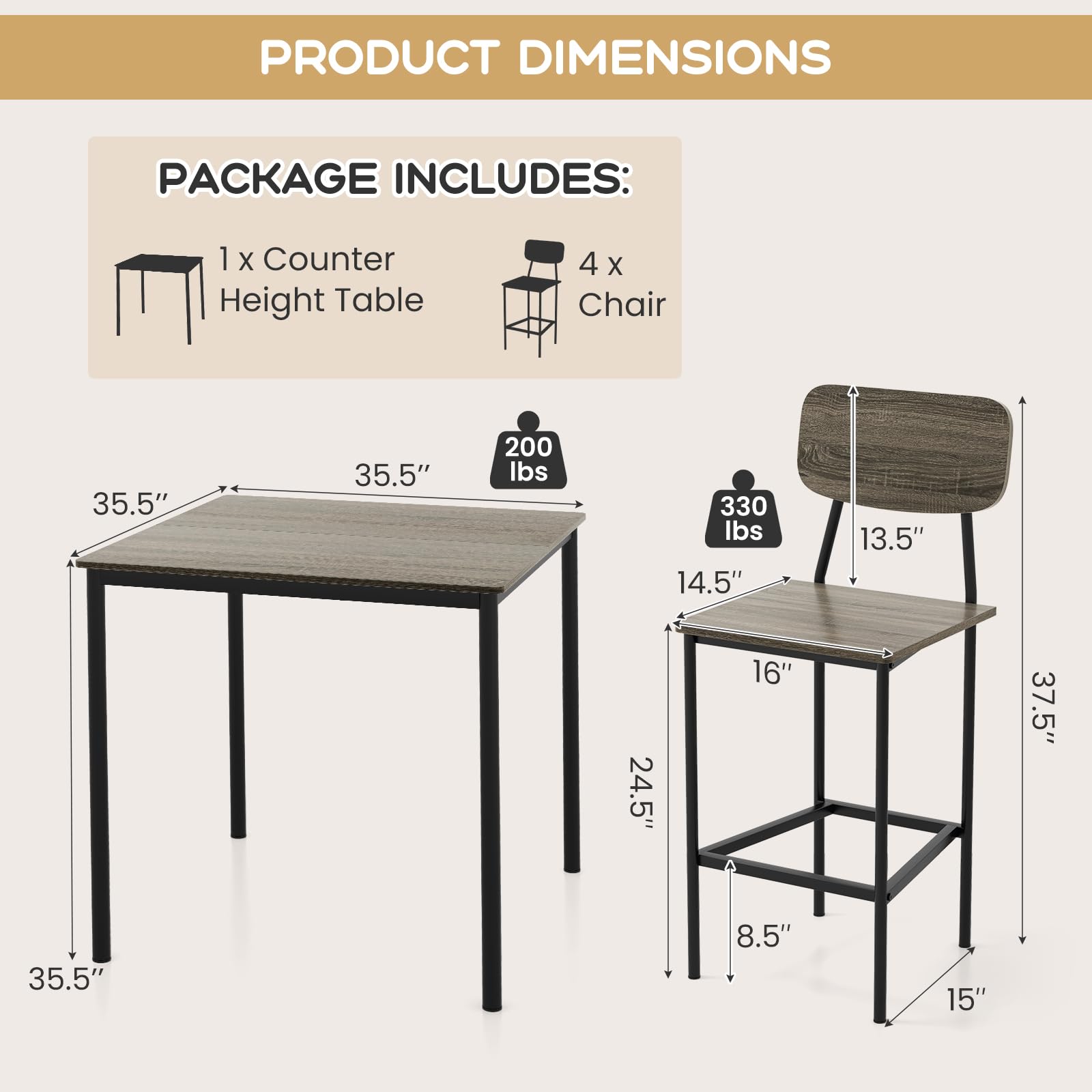 5-Piece Counter Height Dining Set with Bar Stools