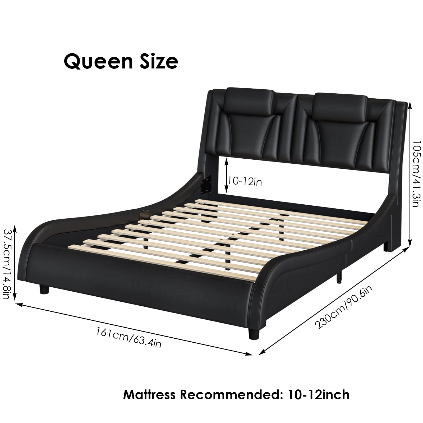 Modern Upholstered Platform Bed Frame with Adjustable LED Headboard - Queen