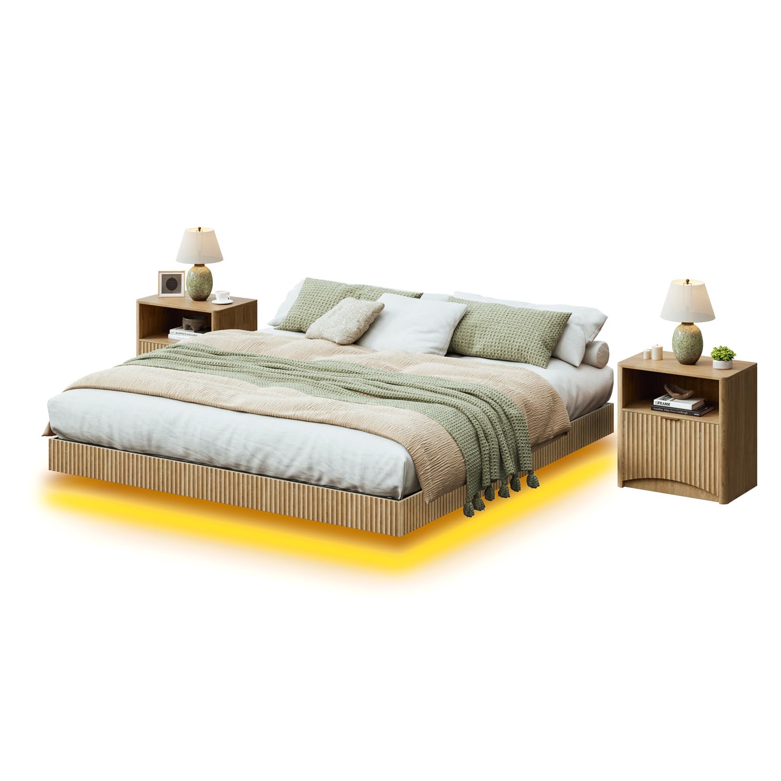 Queen Platform Bed with LED Lights and Nightstands