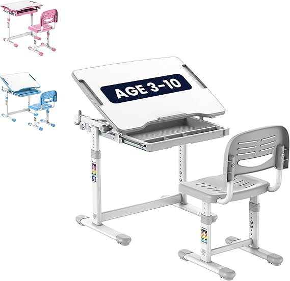 Kids Desk and Chair Set - Height Adjustable with Storage Drawer