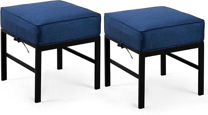 2-Piece Outdoor Patio Ottomans with Blue Cushions