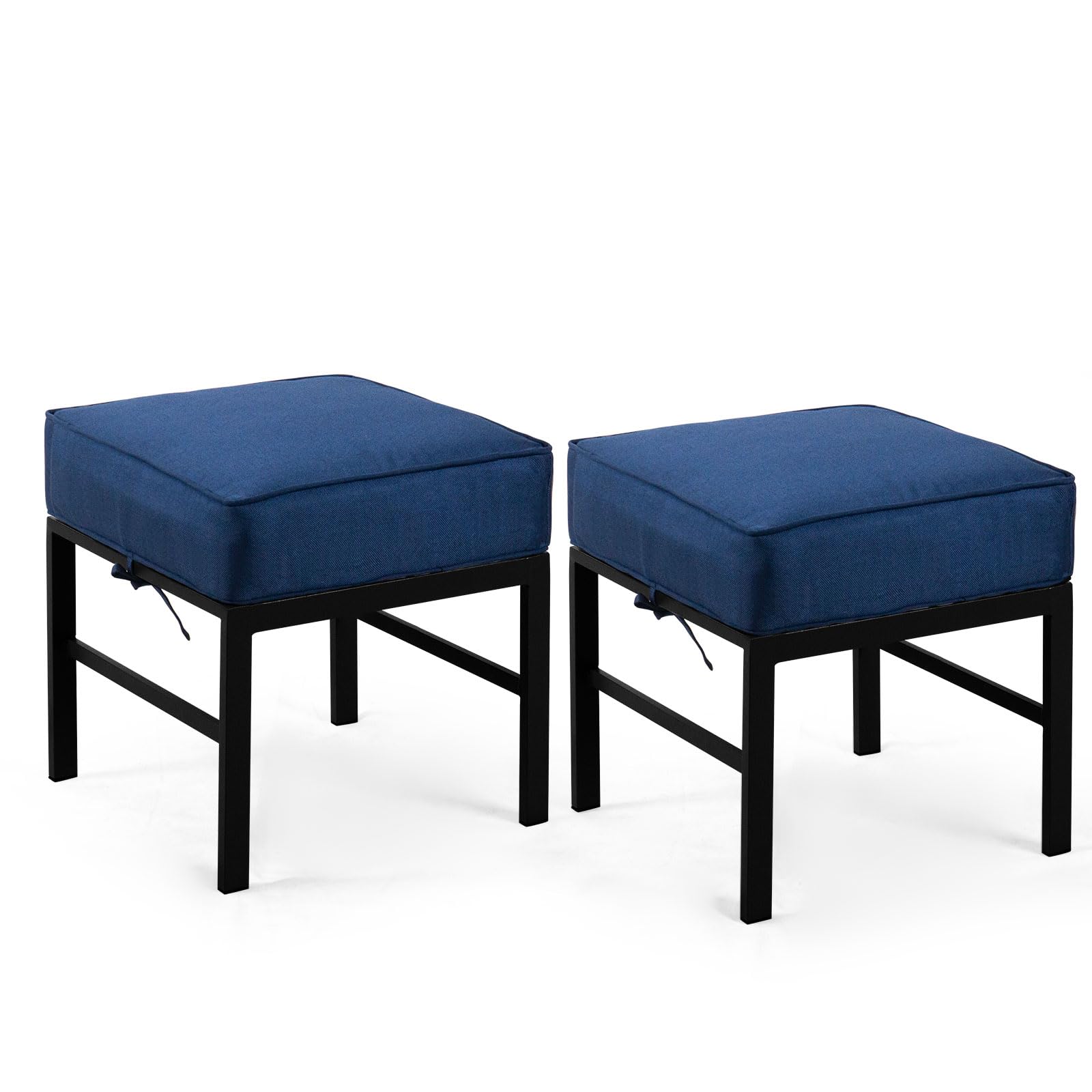 2-Piece Outdoor Patio Ottomans with Blue Cushions