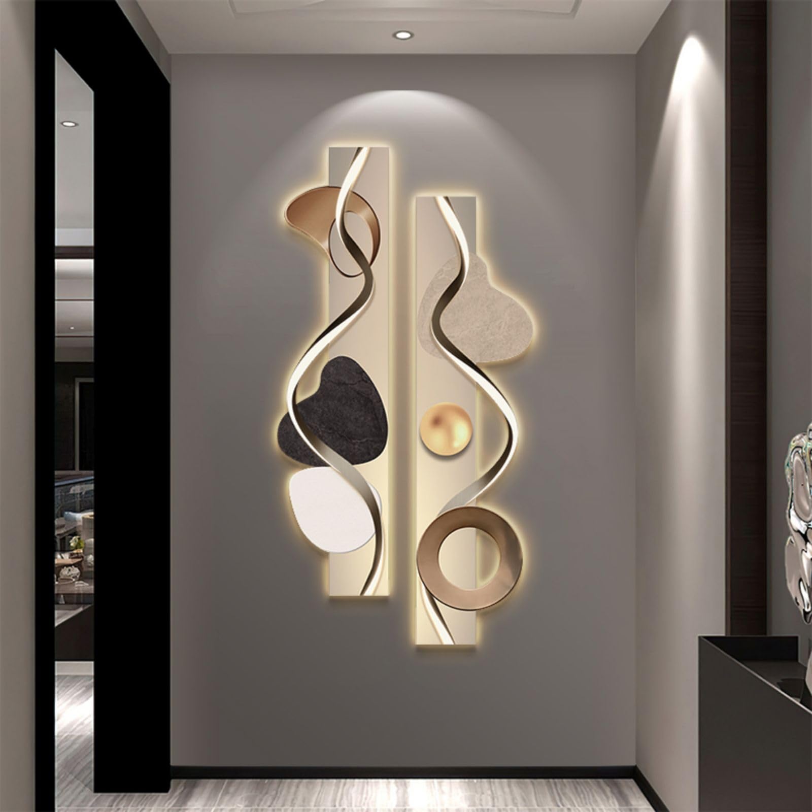 Modern Abstract Wall Art with LED Backlighting – Geometric Dual-Panel Wall Sculpture