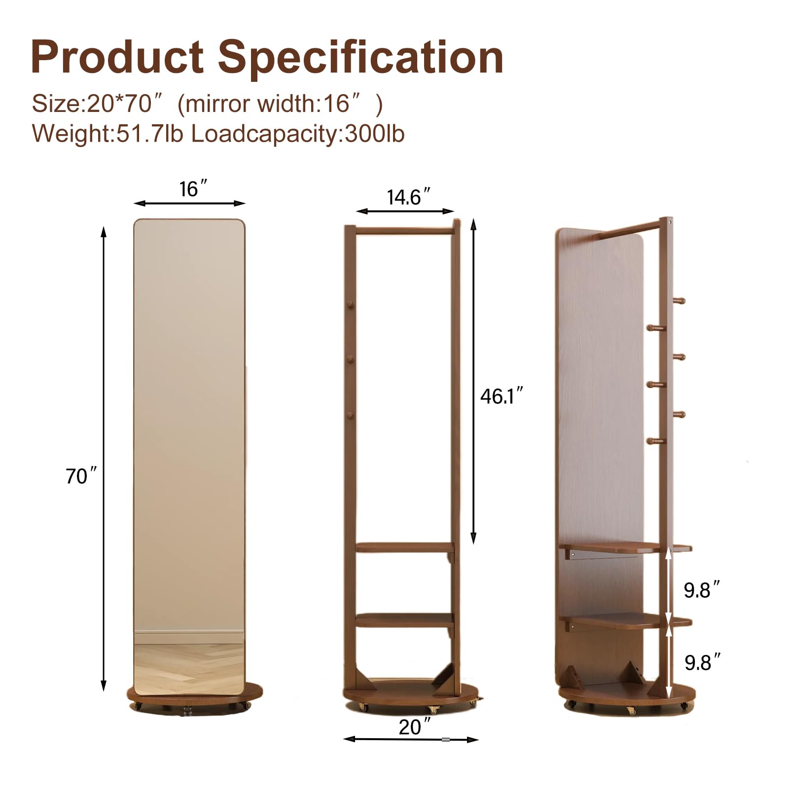 Solid Wood Full Length Mirror Coat Rack with Wheels