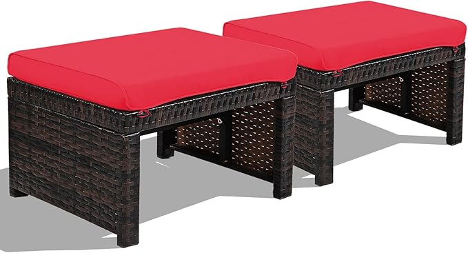 2 Piece Outdoor Wicker Ottomans with Cushions