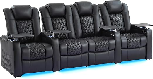 Home Theater Seating Row of 4 - Top Grain Leather Power Recliner