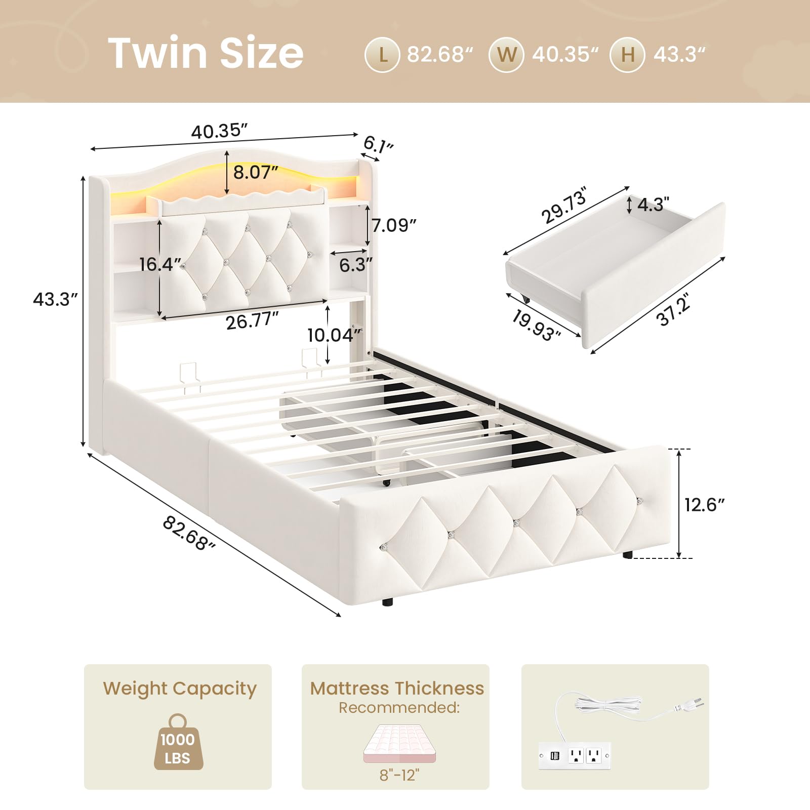 Twin Bed Frame with Storage Drawers and LED Lights
