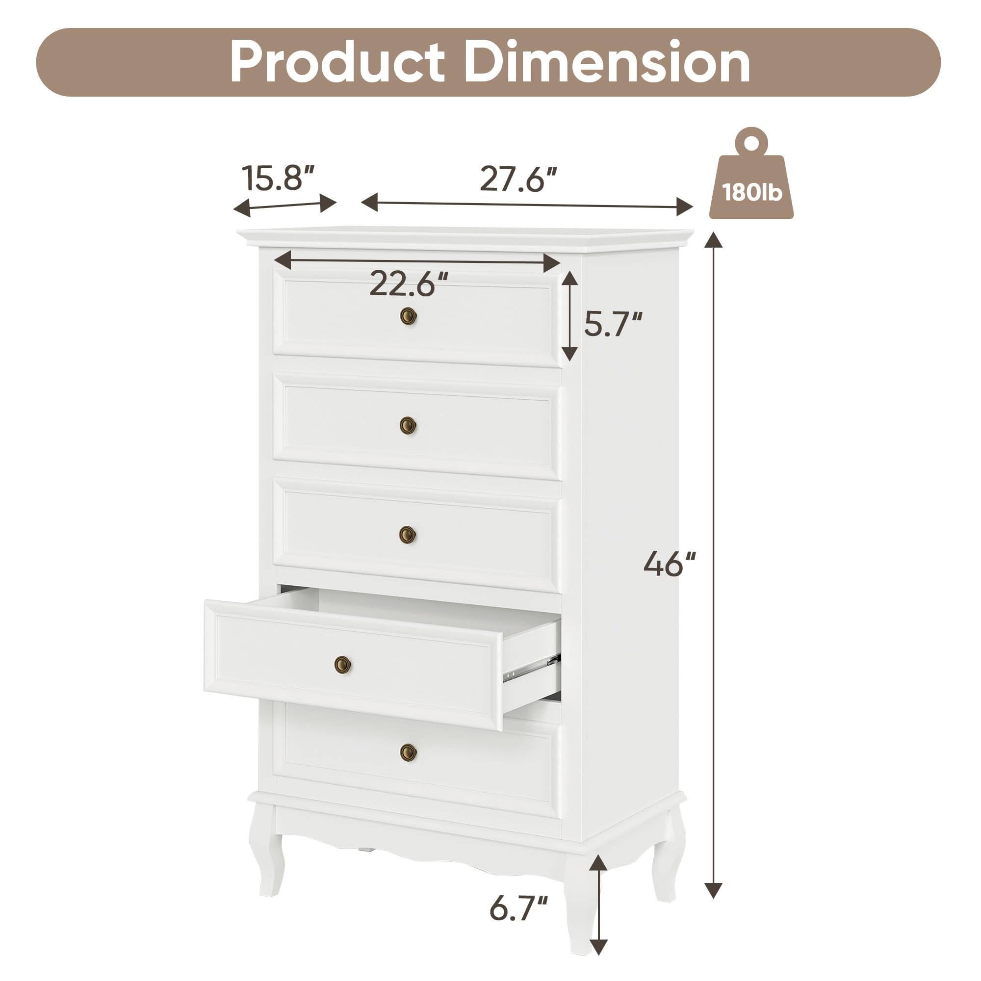 White 5 Drawer Dresser with Solid Wood Legs