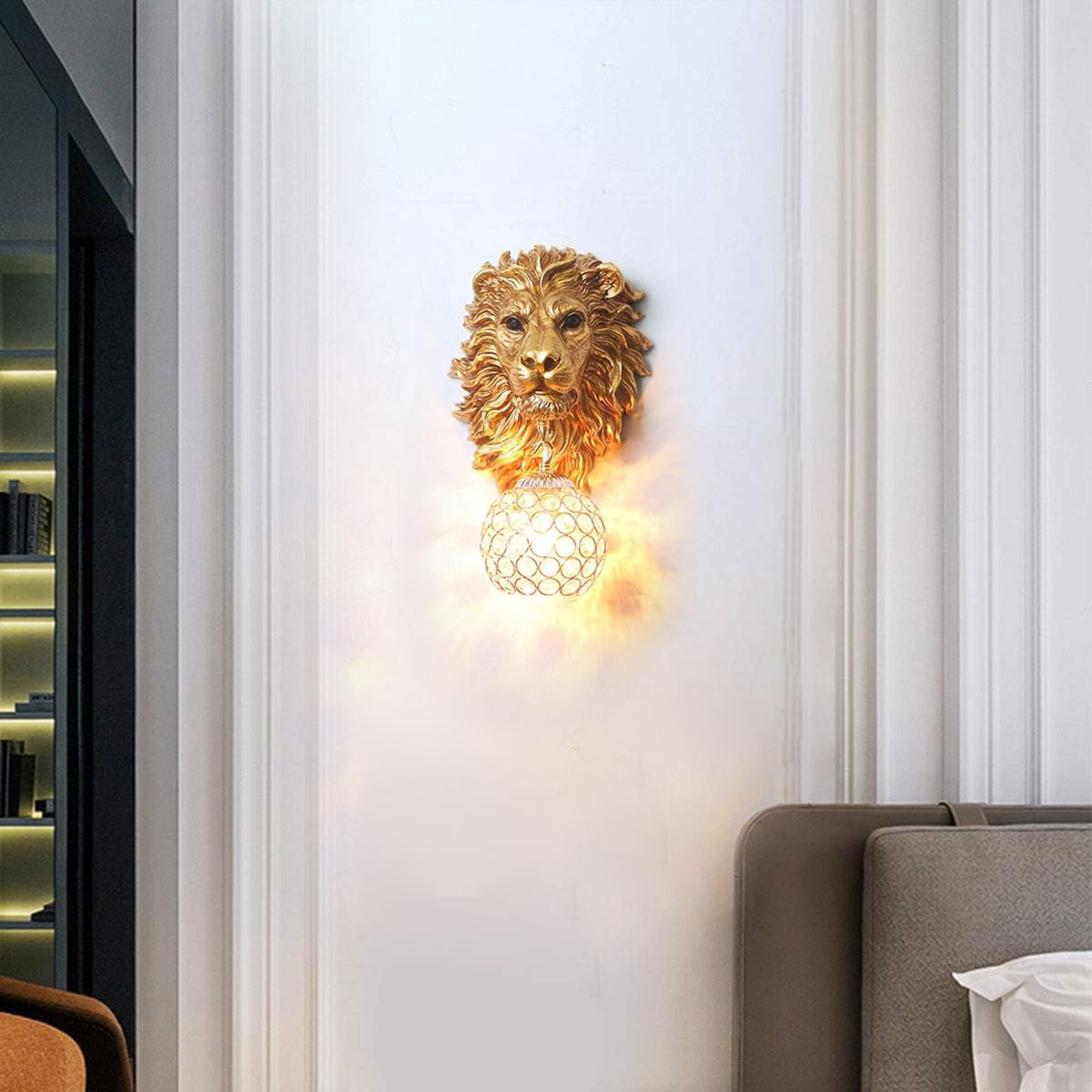 Vintage Gold Lion Wall Sconces Set of 2 with Crystal Beaded Shade