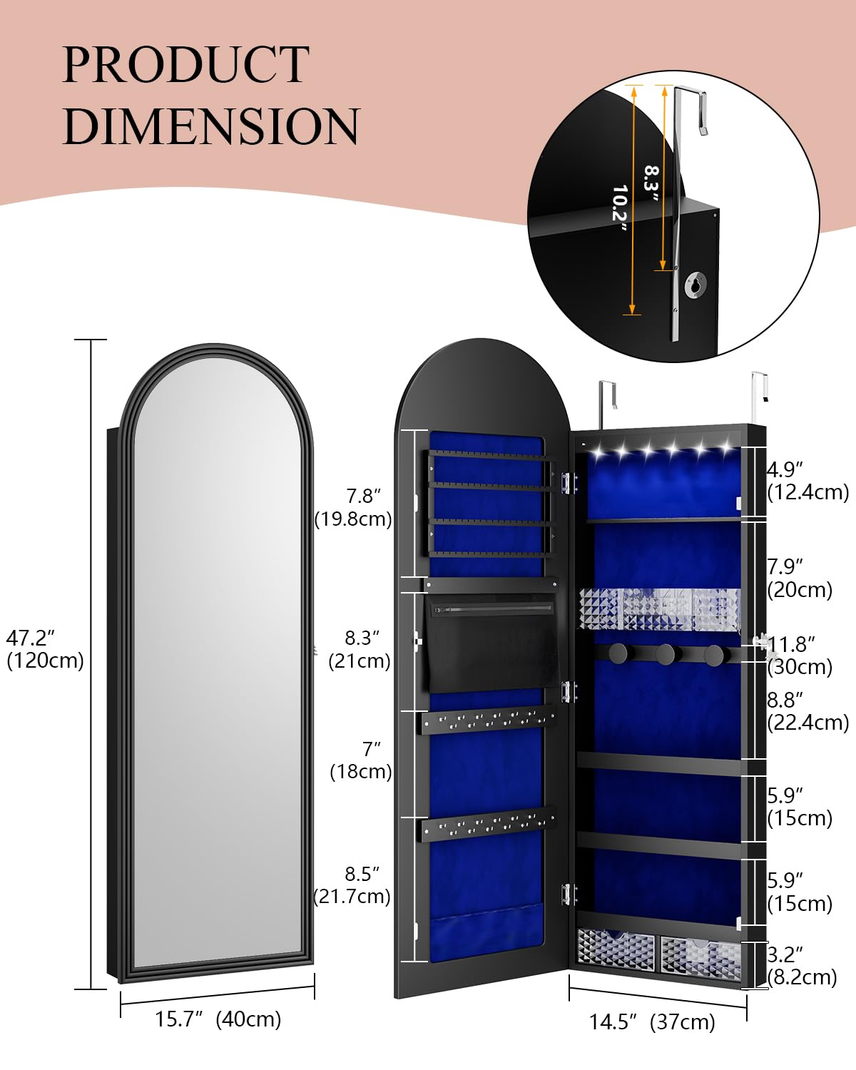 47-Inch Lockable Full-Length Mirror Jewelry Cabinet with LED Lights