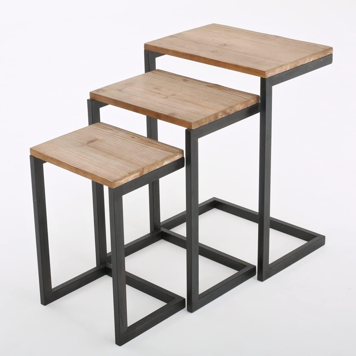 Fir Wood and Iron Nesting Side Tables Set of 3