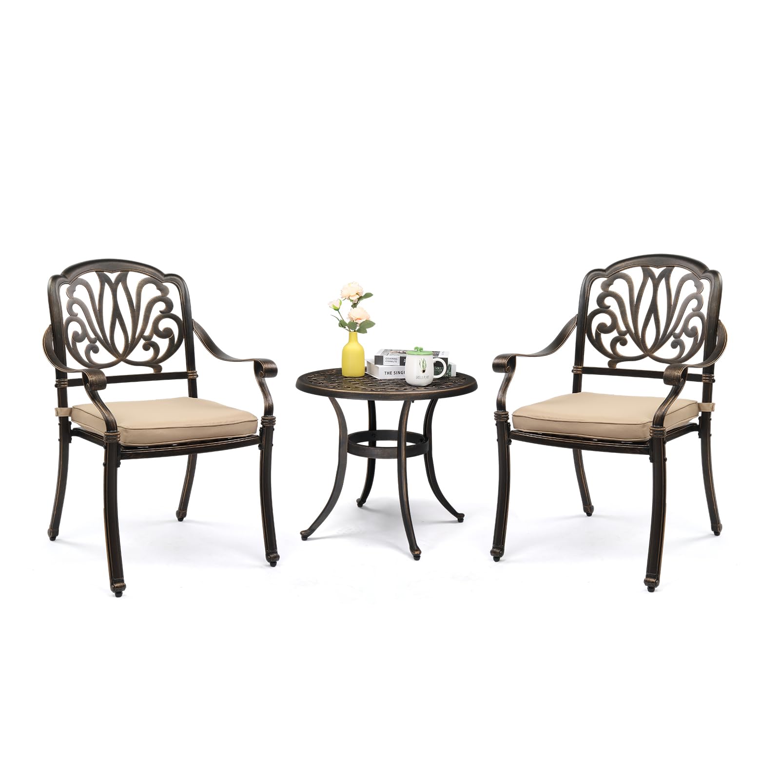 VINGLI 3 Piece Outdoor Bistro Set, Cast Aluminum Patio Table and 2 Chairs Set for Patio Balcony Garden, All Weather Outdoor Furniture Set with Stackable Chairs and Small Round Table