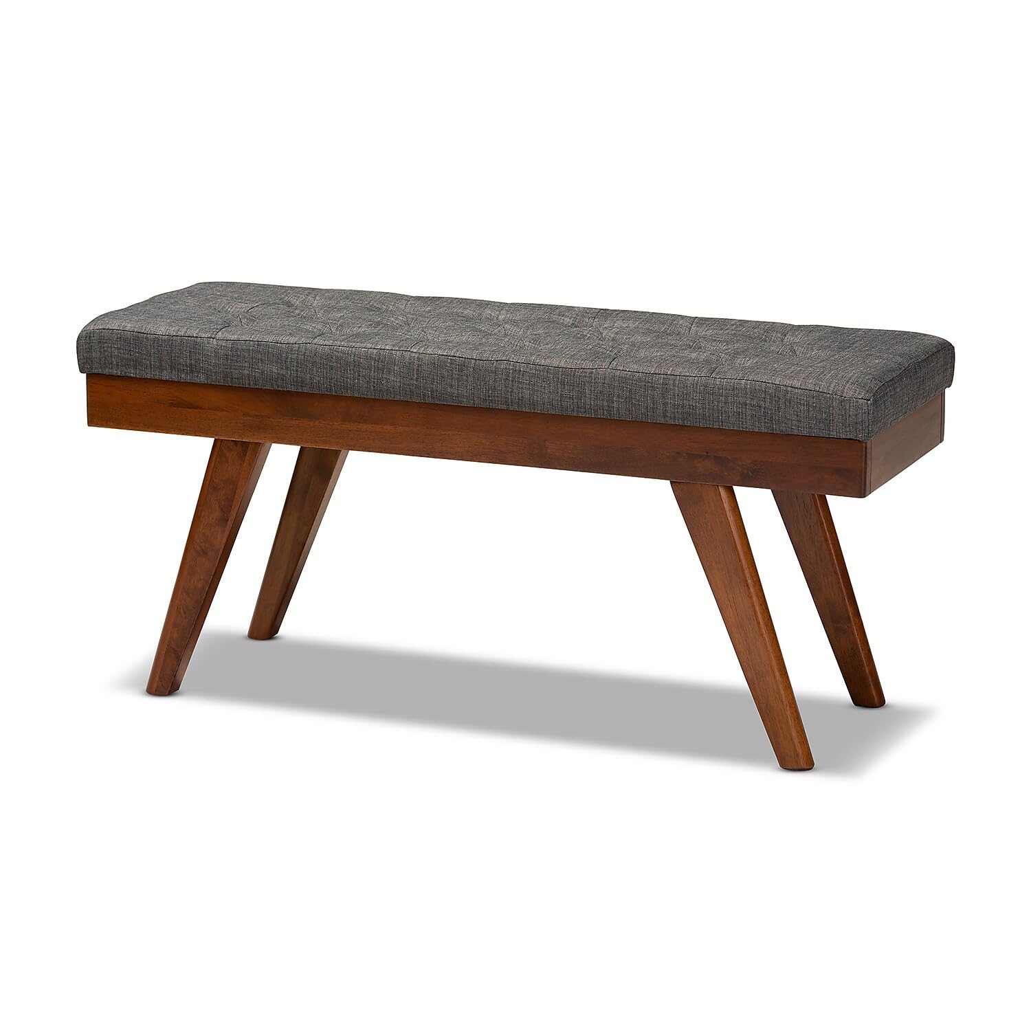 Mid-Century Modern Dining Bench - Grey Fabric Upholstered Wood
