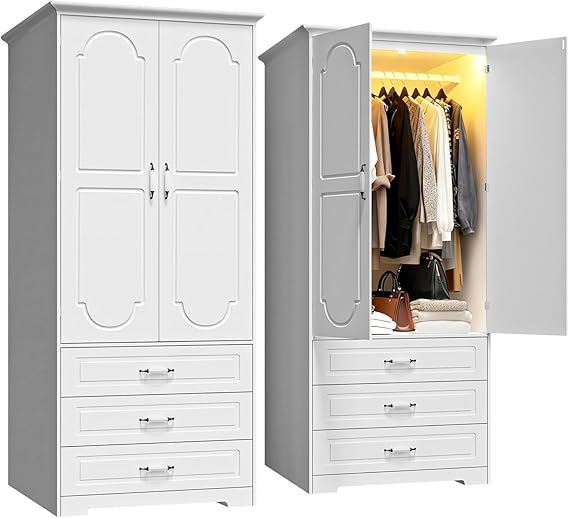 72" Wooden Armoire Wardrobe Closet with 3 Drawers and LED Light
