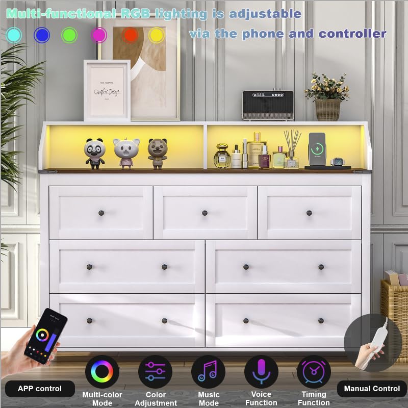 7 Drawer Dresser with LED Lights and Charging Station