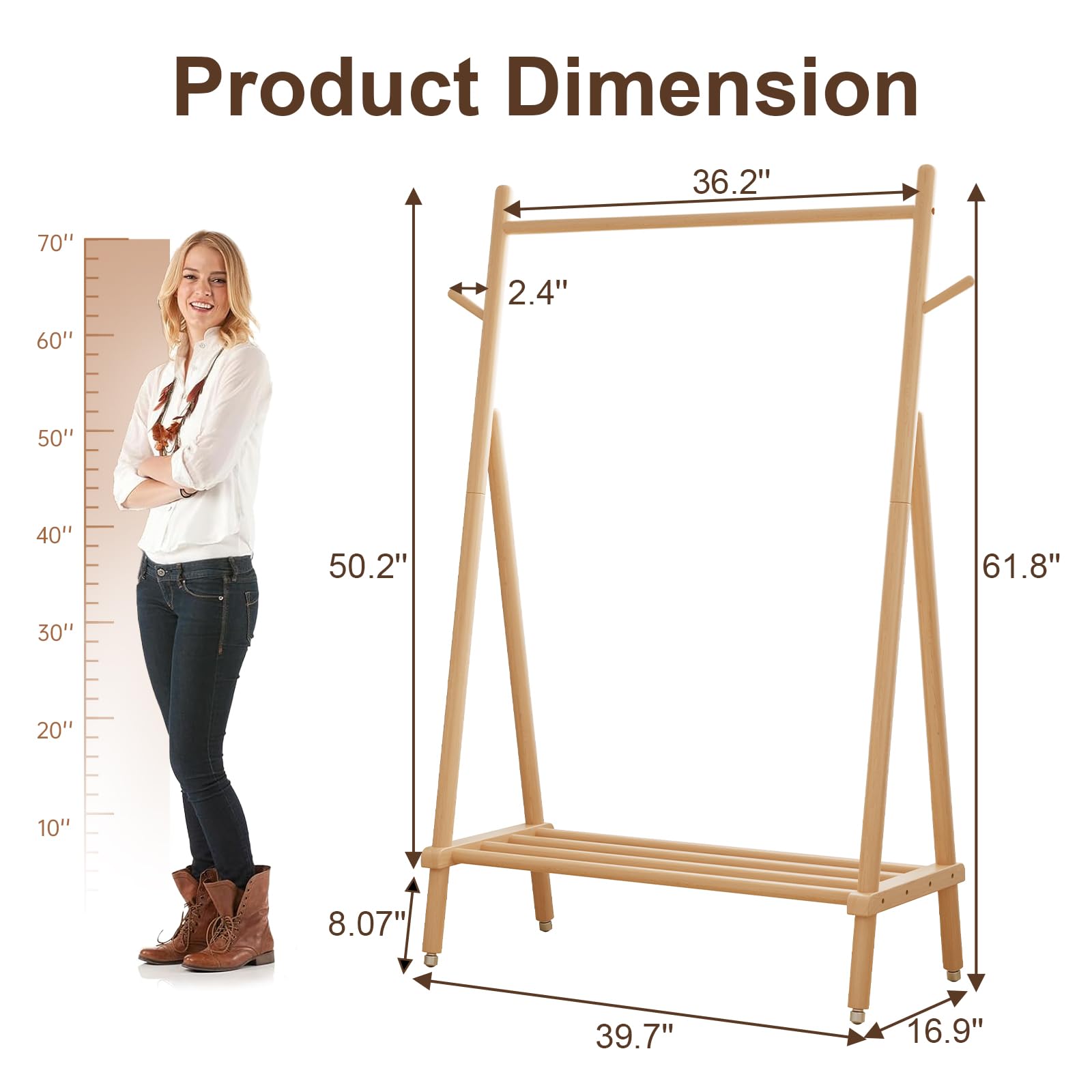 Solid Wood Rolling Clothing Rack with Shelves