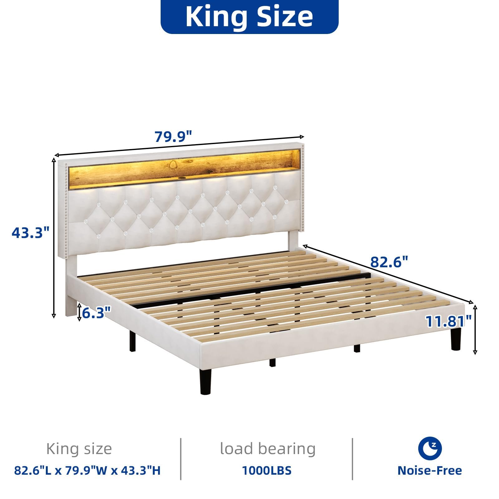 King Size Velvet Bed Frame with LED Lights