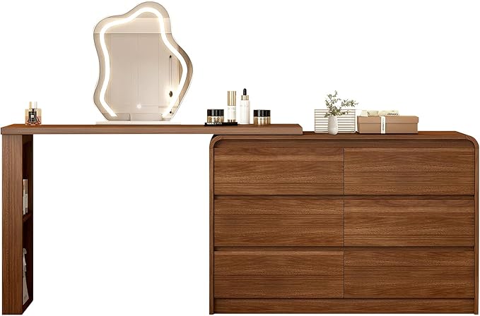 L-Shape Vanity Desk with LED Mirror and Lights - 6 Drawer Makeup Dresser