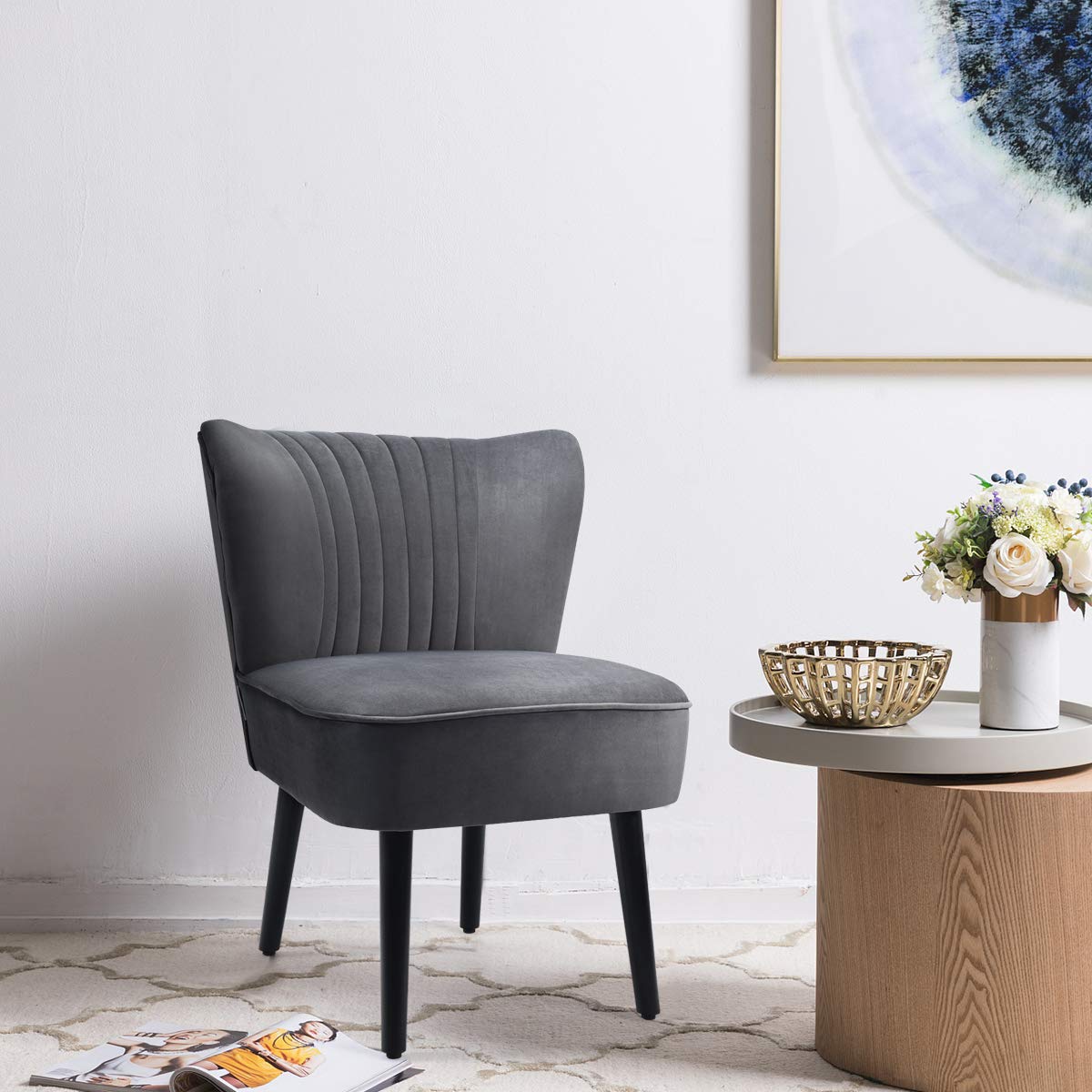 Velvet Accent Chair Set of 2 - Modern Mid-Century Upholstered Armless Side Chair with Curved Backrest